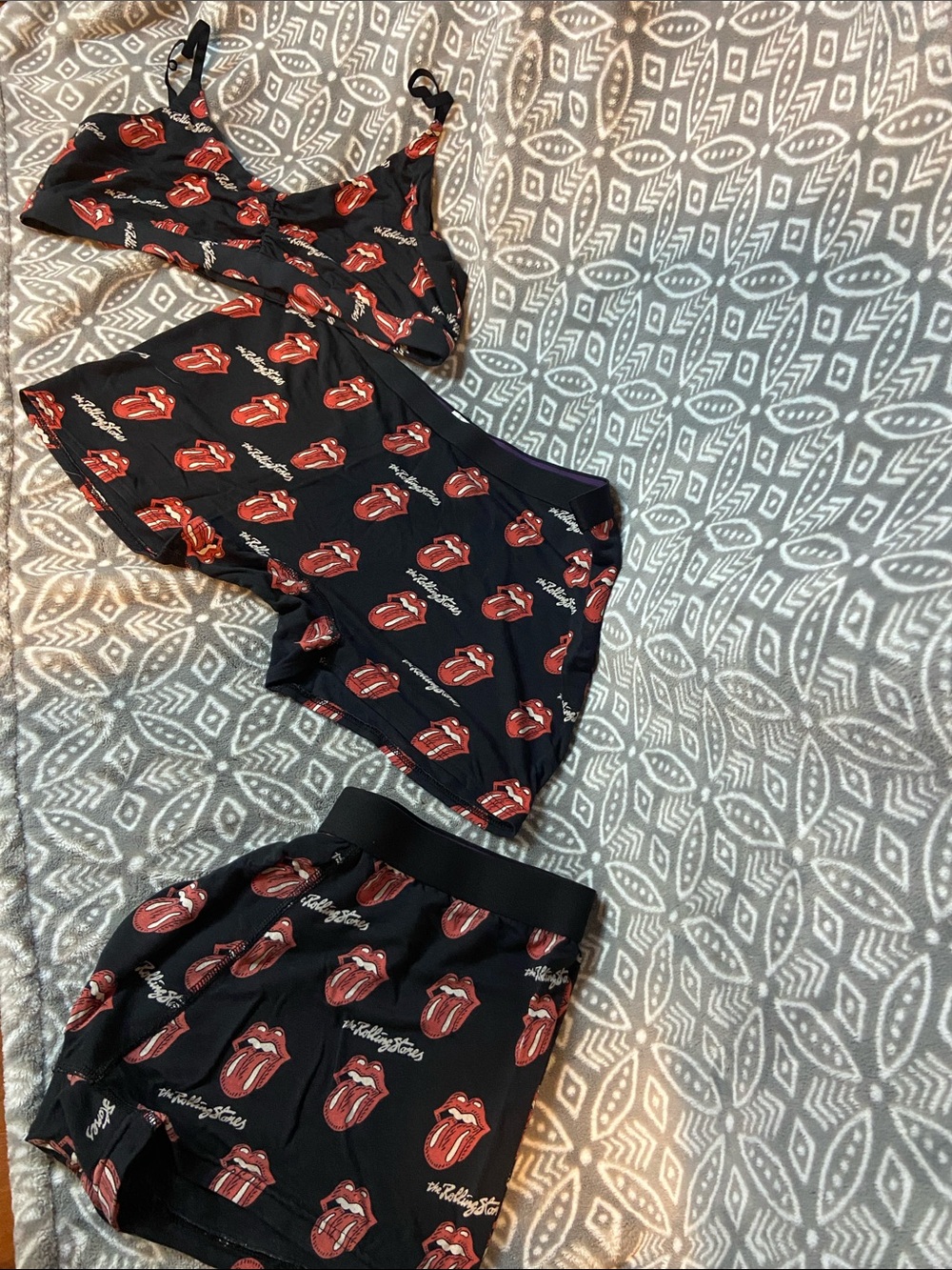 3pc MeUndies Rolling Stones Bralette and Boy Shorts and Boxers Set.